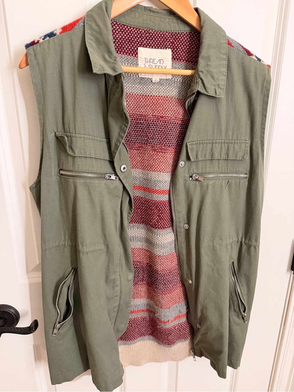 Thread & Supply Olive Utility Vest with Multicolor Striped Knit Interior